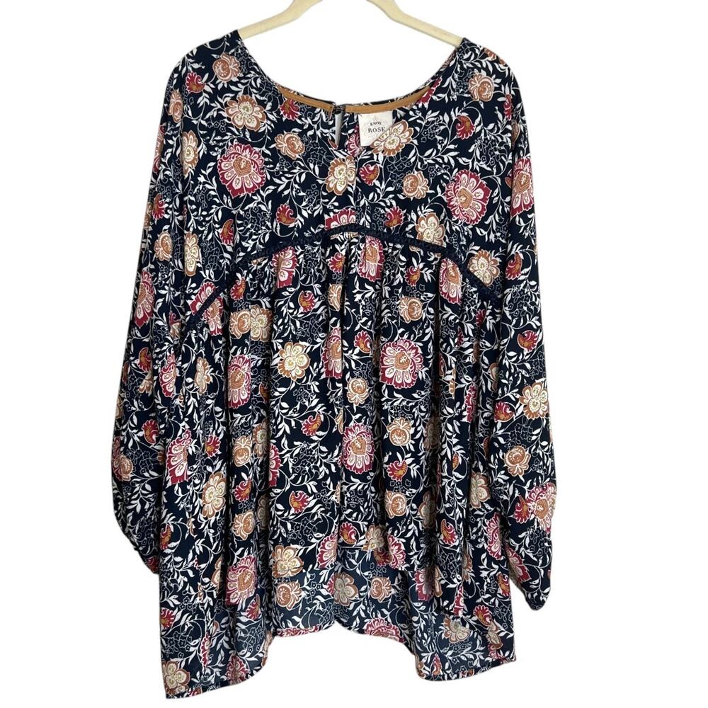 Knox Rose Oversized Floral Boho Blouse Size XS Navy Blue Balloon Sleeve